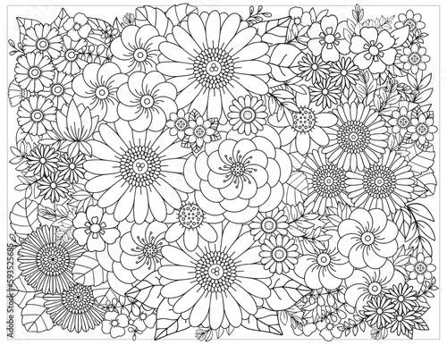Coloring pages for children and adults.Blooming garden illustration hand drawing.  