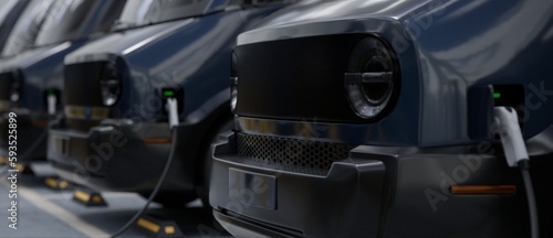CU shot of fleet modern electric EV delivery vans standing in company parking garage near charging stations. Realistic 3d rendering