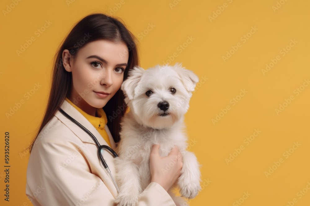 Animal Care: Veterinarian holding a cute dog in white coat on yellow pastel background with space for text. Copy space. Healthcare concept. AI Generative Animal Care: Veterinarian holding a cute dog in white coat on yellow pastel background with space for text. Copy space. Healthcare concept. AI Generative