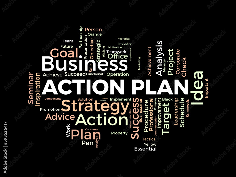 Word cloud background concept for Action Plan. Business idea solution strategy implement concept. vector illustration.