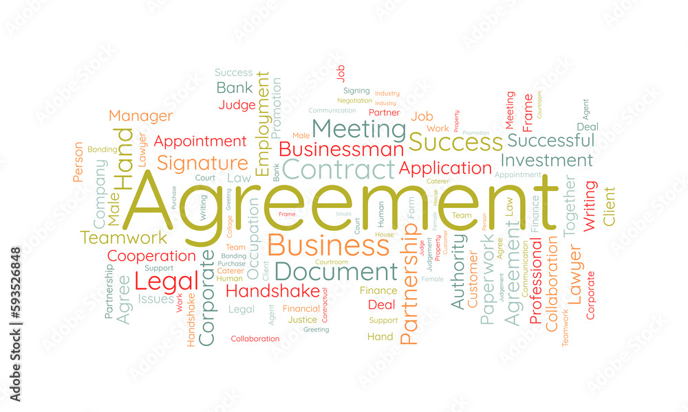 Fototapeta premium Word cloud background concept for Agreement. Corporate contract document, legal business collaboration of financial right. vector illustration.