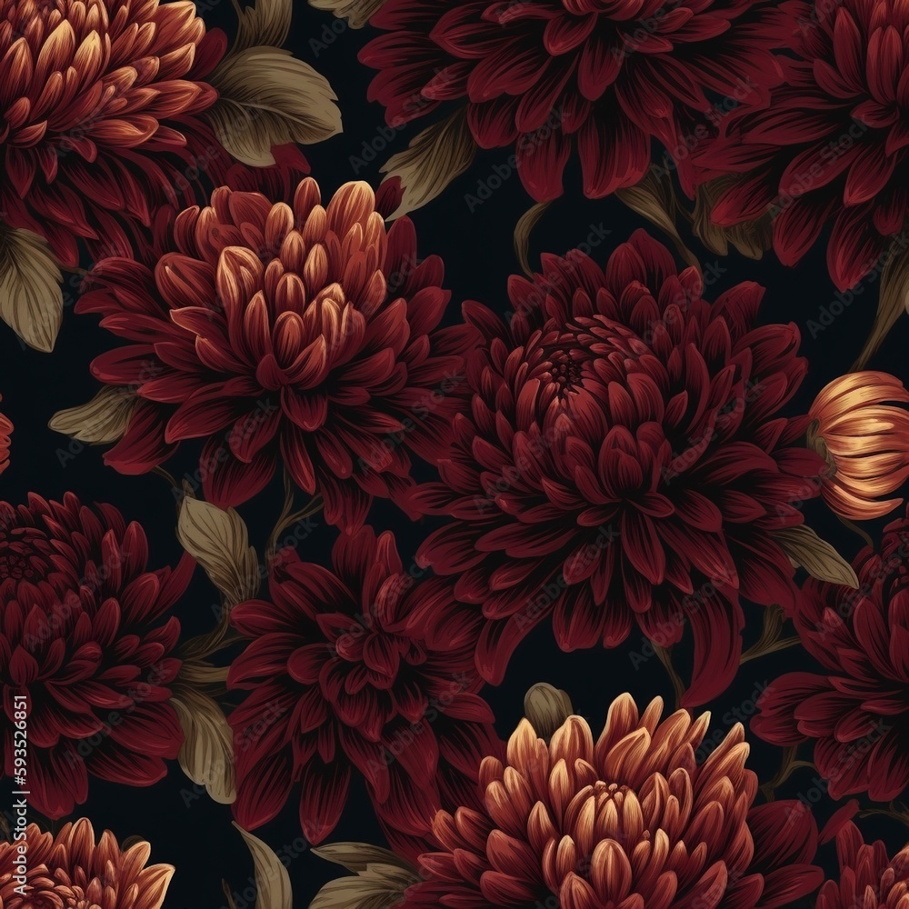 Burgundy chrysantemum flowers seamless pattern, created with generative AI