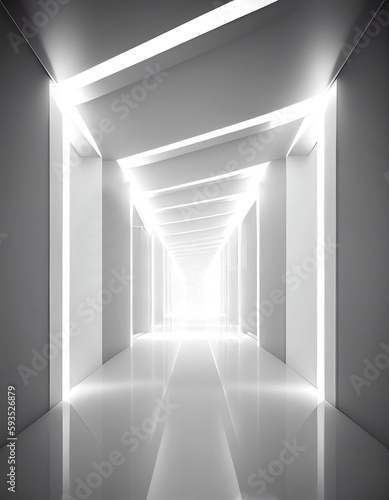 Illuminated white coridor, created with generative AI