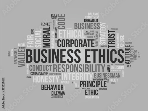 Word cloud background concept for Business Ethics. Corporate integrity, Company principle moral trust of responsibility value. vector illustration.