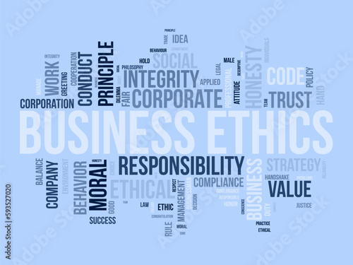 Word cloud background concept for Business Ethics. Corporate integrity, Company principle moral trust of responsibility value. vector illustration.