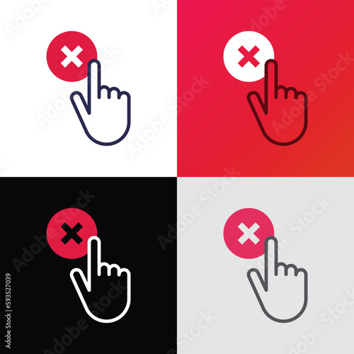 Cancel thin line icon: hand clicks button with cross mark. Rejected, declined. Modern vector illustration.