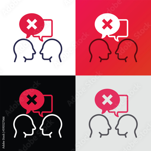 Misunderstanding in conversation between two persons. People are talking and in one speech bubble is cross mark. Conflict, disagreement. Modern vector illustration.