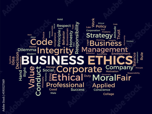 Word cloud background concept for Business Ethics. Corporate integrity, Company principle moral trust of responsibility value. vector illustration.
