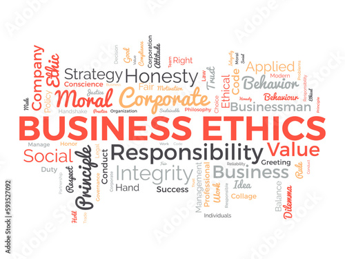 Word cloud background concept for Business Ethics. Corporate integrity, Company principle moral trust of responsibility value. vector illustration.
