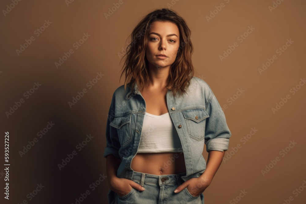 Casual Elegance. Modern and stylish woman in white top and denim shorts isolated on solid color background with space to text. Copy space. Beauty concept AI Generative Casual Elegance. Modern and stylish woman in white top and denim shorts isolated on solid color background with space to text. Copy space. Beauty concept AI Generative