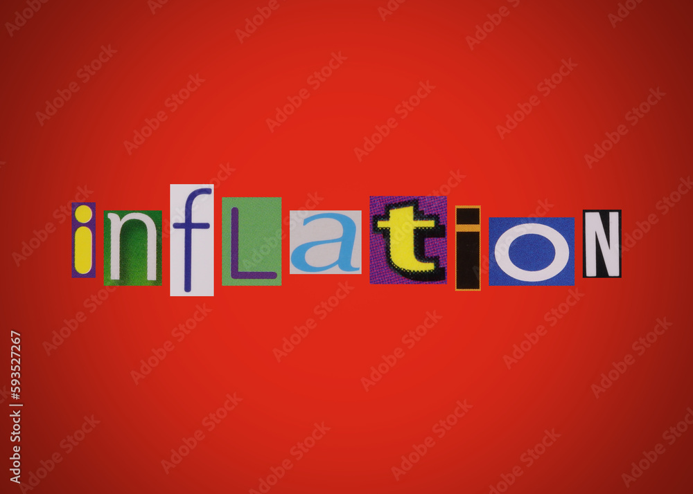 Fototapeta premium Inflation word, collage from clippings with newspaper and magazine letters on red background
