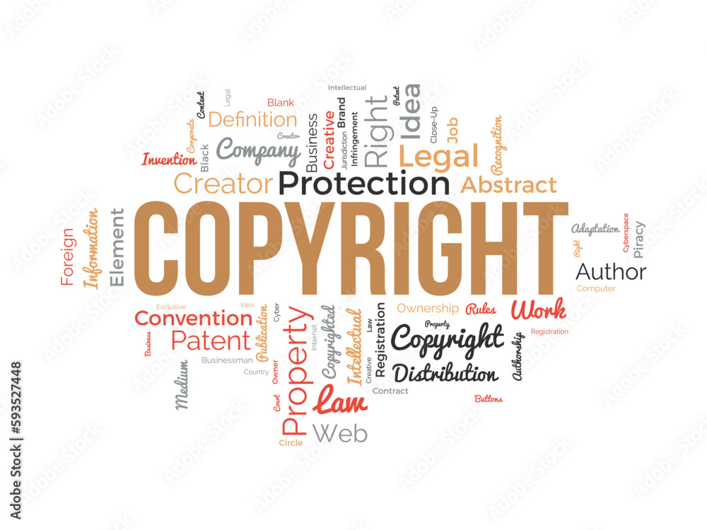Fototapeta premium Word cloud background concept for Copyright. Intellectual property, legal trademark owner of business right. vector illustration.