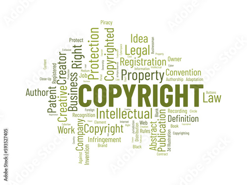 Word cloud background concept for Copyright. Intellectual property, legal trademark owner of business right. vector illustration.