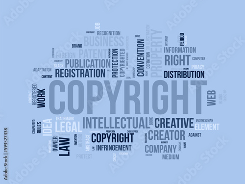 Word cloud background concept for Copyright. Intellectual property, legal trademark owner of business right. vector illustration.