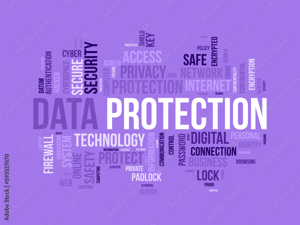 Obraz premium Word cloud background concept for Data protection. Digital security, network technology encryption of cyber cloud safety. vector illustration.