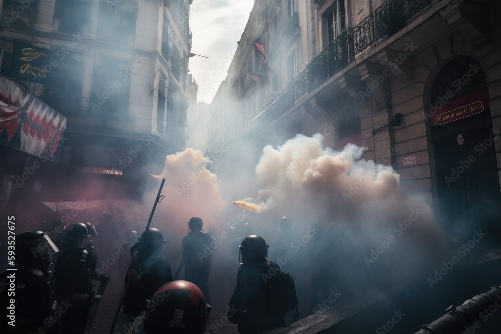 The scene shows a massive and spirited group of sports fans making their way down a street near the stadium, carrying flares and colored smoke in the colors of their club Generative AI