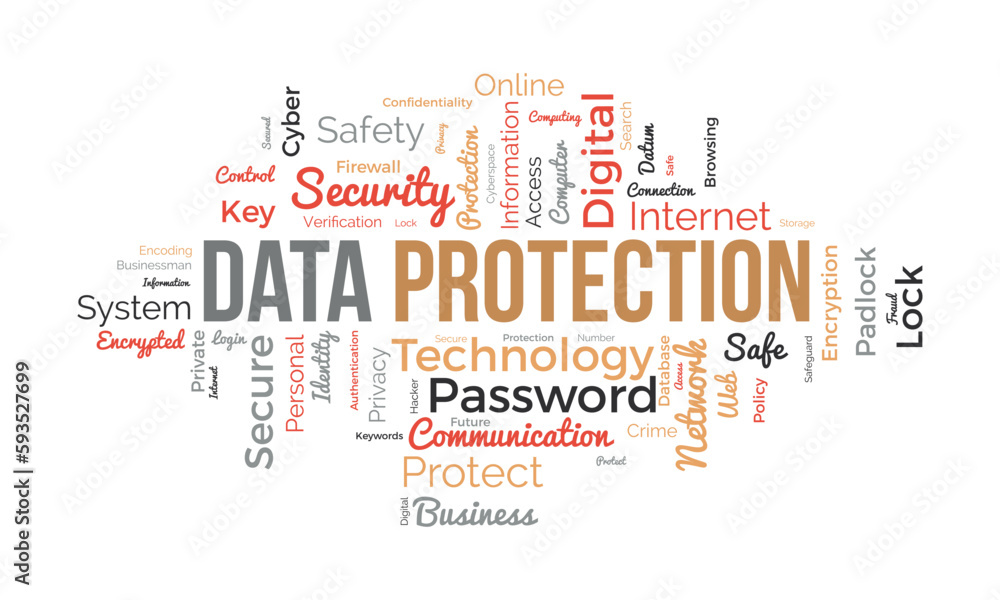 Fototapeta premium Word cloud background concept for Data protection. Digital security, network technology encryption of cyber cloud safety. vector illustration.