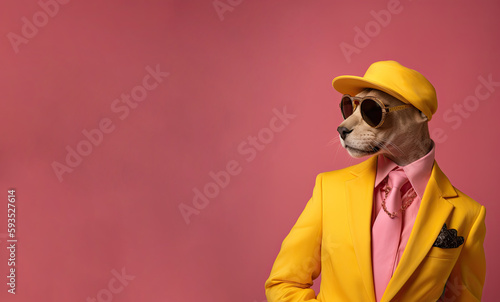 Elegant panter wearing colorful clothes on a pink background. Generative AI photo