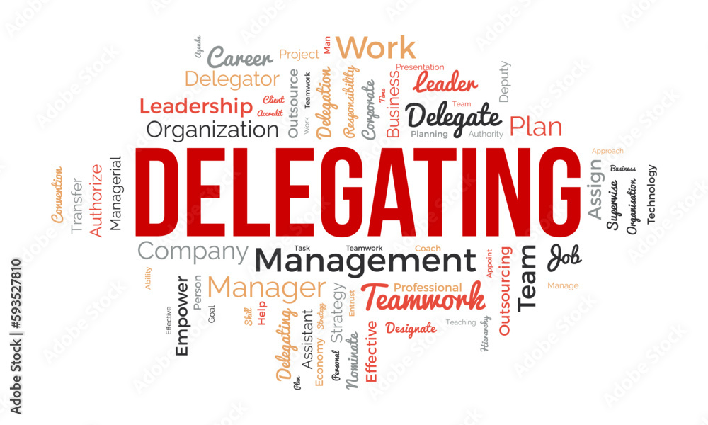 Word cloud background concept for Delegating. Business responsibility