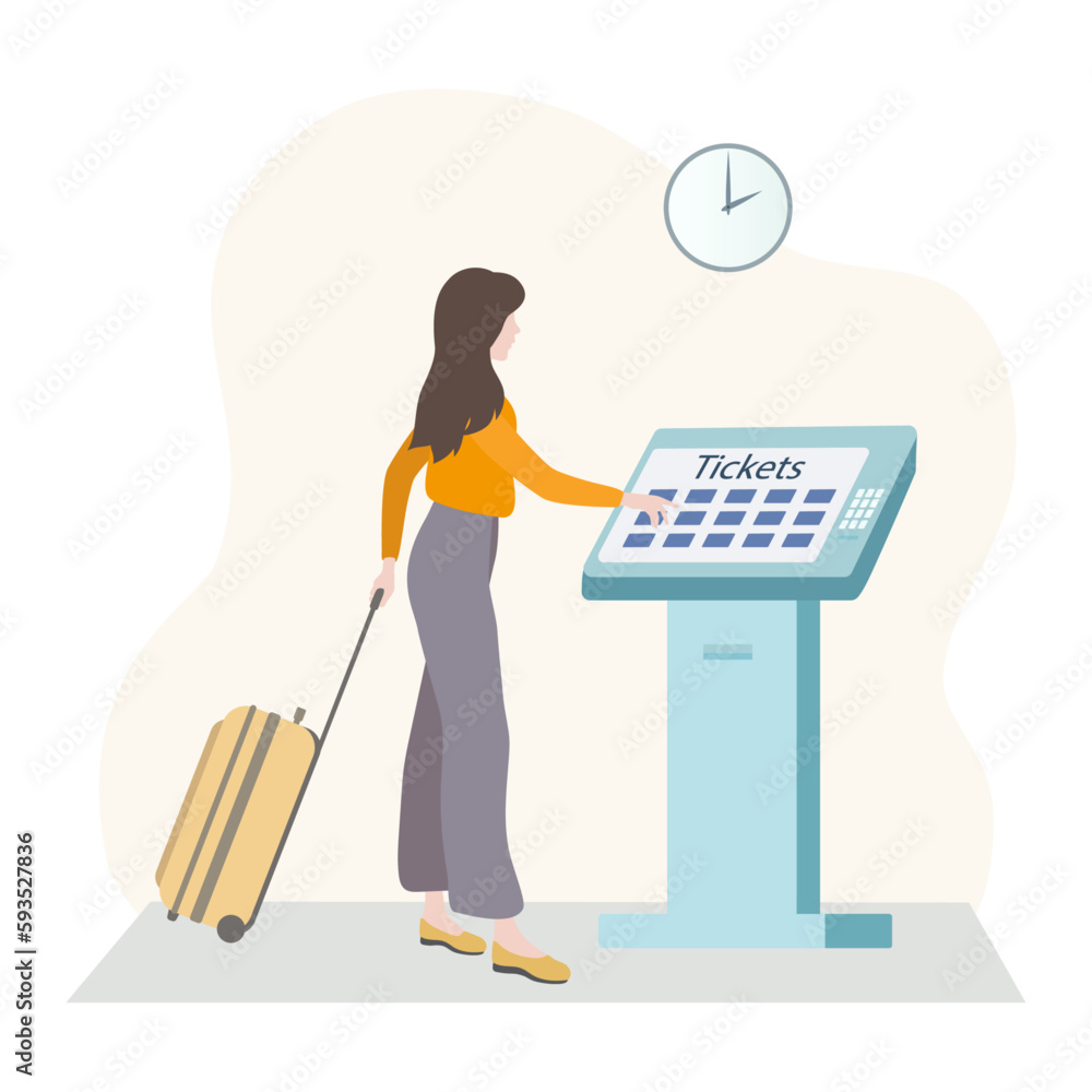 A girl with a suitcase at the station buys a ticket from a machine. Color vector illustration. A girl with a suitcase at the station buys a ticket from a machine. Color vector illustration.