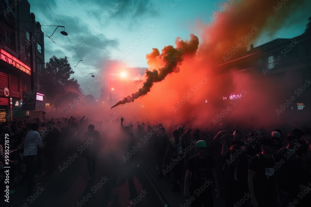 The scene shows a massive and spirited group of sports fans making their way down a street near the stadium, carrying flares and colored smoke in the colors of their club Generative AI