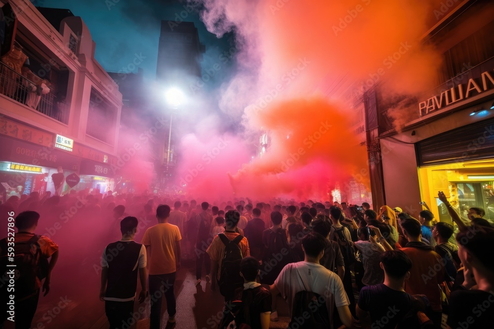 The scene shows a massive and spirited group of sports fans making their way down a street near the stadium, carrying flares and colored smoke in the colors of their club Generative AI The scene shows a massive and spirited group of sports fans making their way down a street near the stadium, carrying flares and colored smoke in the colors of their club Generative AI