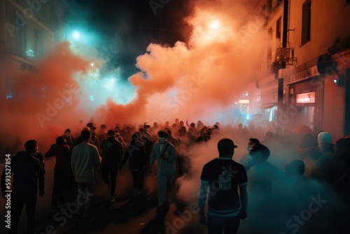 The scene shows a massive and spirited group of sports fans making their way down a street near the stadium, carrying flares and colored smoke in the colors of their club Generative AI © ChaoticMind