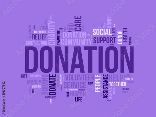 Word cloud background concept for DONATION. charity support, finance contribution help of community fundraising. vector illustration.