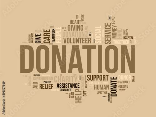 Word cloud background concept for DONATION. charity support, finance contribution help of community fundraising. vector illustration.