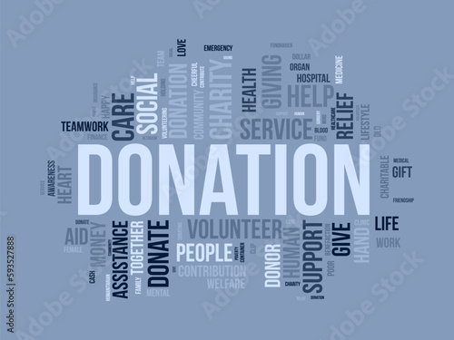 Word cloud background concept for DONATION. charity support, finance contribution help of community fundraising. vector illustration.