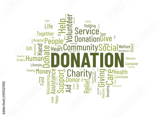 Word cloud background concept for DONATION. charity support, finance contribution help of community fundraising. vector illustration.