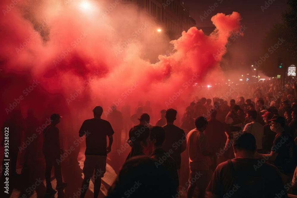 The scene shows a massive and spirited group of sports fans making their way down a street near the stadium, carrying flares and colored smoke in the colors of their club Generative AI