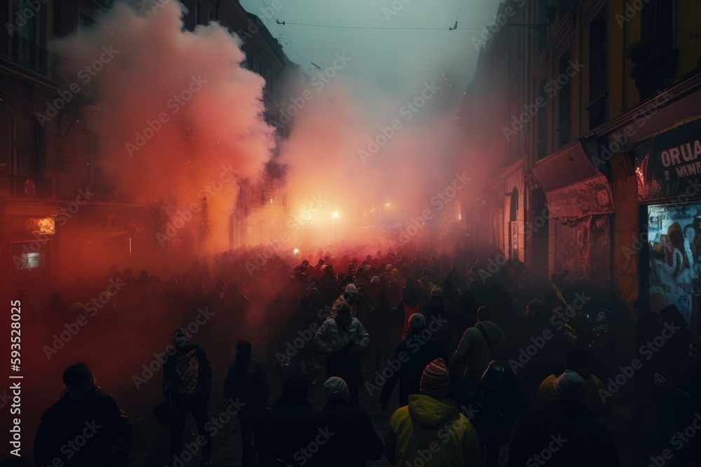 The scene shows a massive and spirited group of sports fans making their way down a street near the stadium, carrying flares and colored smoke in the colors of their club Generative AI The scene shows a massive and spirited group of sports fans making their way down a street near the stadium, carrying flares and colored smoke in the colors of their club Generative AI
