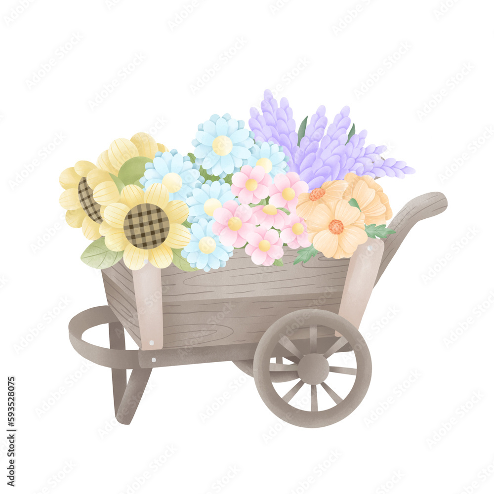flowers on a wooden wagon