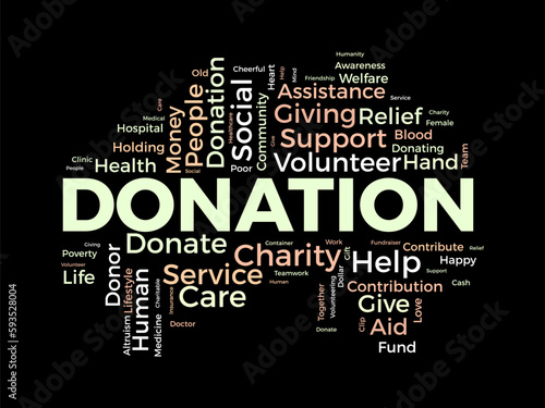 Word cloud background concept for DONATION. charity support, finance contribution help of community fundraising. vector illustration.