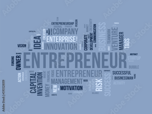 Word cloud background concept for Entrepreneur. Business management, finance success and creative development, startup vision of leadership idea. vector illustration.