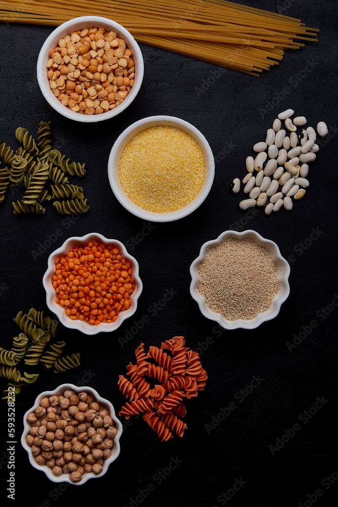 High key set of cereals and gluten free pasta ingredients - low fodmap diet, paleo, keto, long carbohydrates