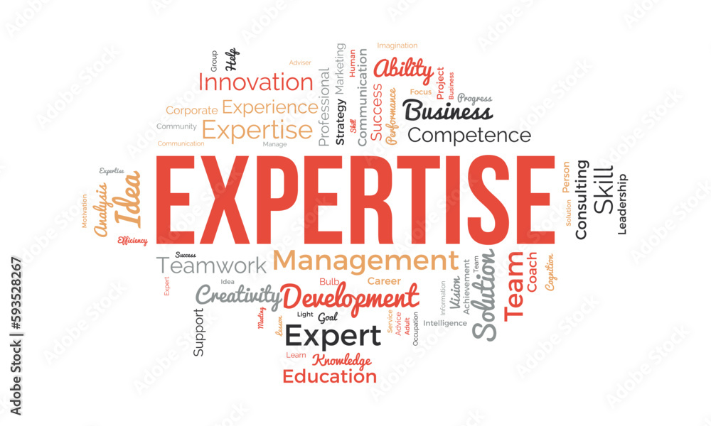 Fototapeta premium Word cloud background concept for Expertise. Business success performance, expensive skill competence of career achievement. vector illustration.