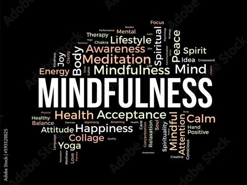 Word cloud background concept for mindfulness. Spiritual meditation, consciousness harmony and paece mind, happiness of mental soul. vector illustration. photo