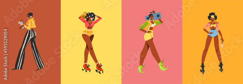 Hand drawn vector abstract graphic contemporary illustrations characters collection set of young happy vintage african american women roller skaters,on disco party,90s feminine retro.Funky characters.