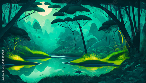 A Nighttime Scene of an Old  Dark Green Jungle. Trees  Vines  and a Small Lake. Illustrative Style  Vector Art. Generative AI.