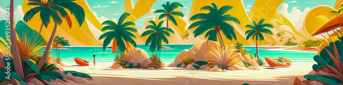 Idyllic vacation spot  palm trees  beach chairs  and crystal clear waters. A dream come true. Illustrated in a stylized manner  created by Generative AI