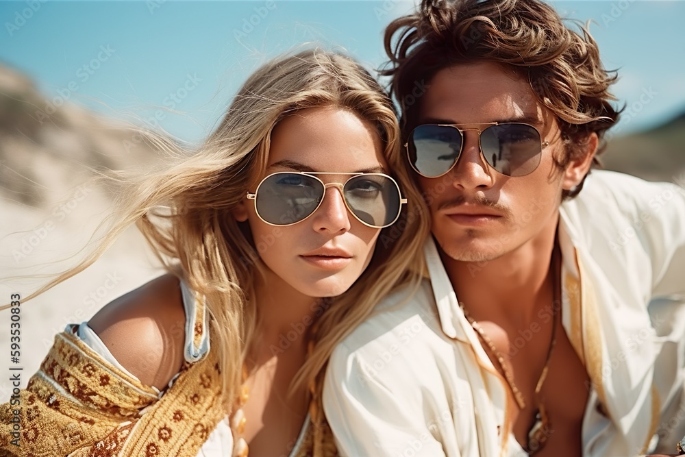 Beautiful Couple in Sunglasses Enjoying Beach Vacation, Generative AI Beautiful Couple in Sunglasses Enjoying Beach Vacation, Generative AI