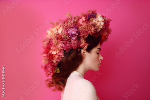 woman peony summer style fashion art portrait bouquet spring beauty flower. Generative AI.