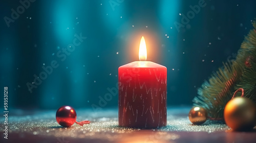 Christmas background with a burning candle and decor details, generative AI.