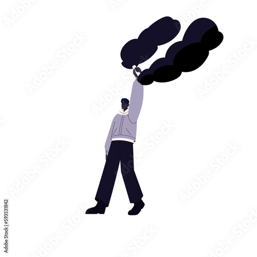 Vandal, aggressive protester throwing flame bottle, Molotov cocktail, gasoline fire bomb. Man activist protesting with incendiary weapon at riot. Flat vector illustration isolated on white background
