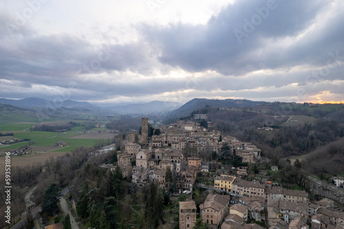 aerial view of Castellarquato medieval village in Emilia Romagna, Italy photo