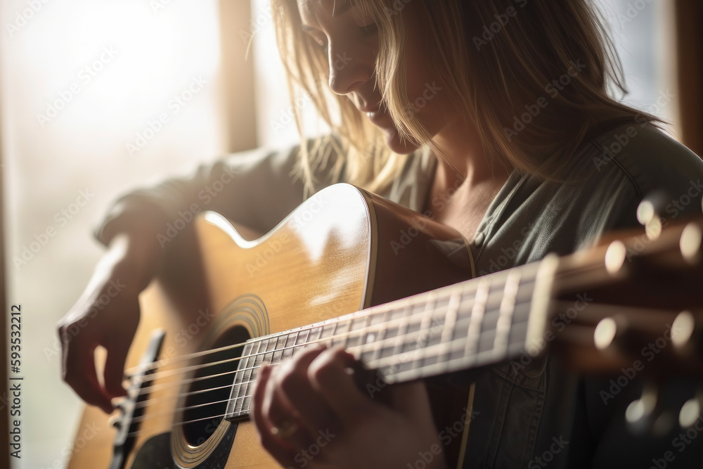 Fototapeta premium Acoustic guitar being played by a woman in her forties, Close-up view, with generative AI technology 