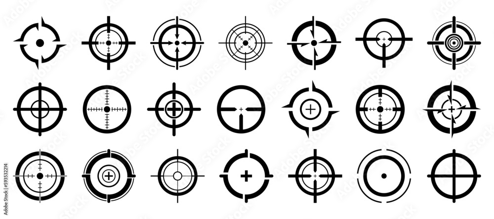 Black aim icon collection. Set of black sight icons. Aim gun icons Black aim icon collection. Set of black sight icons. Aim gun icons