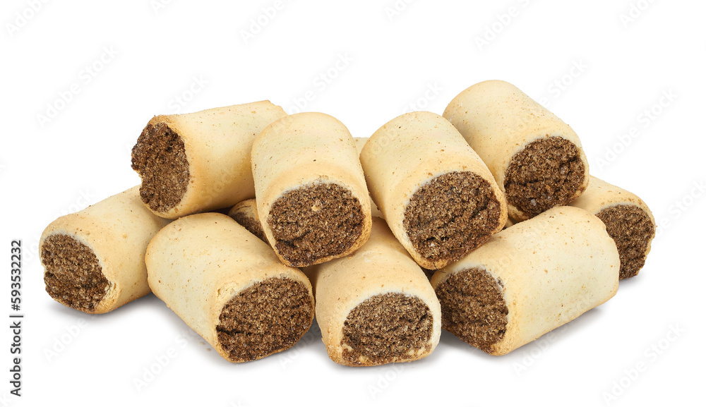 Close-up and selective focus top view of special treats for dogs in the form of bones. Pattern and texture of baked cookies with meat filling for pets.Healthy, tasty and balanced nutrition for animals
